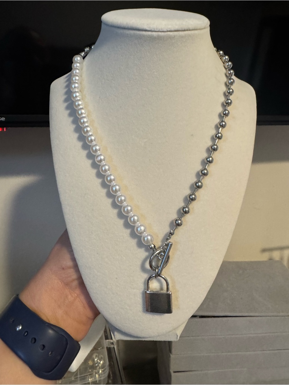 Pearl & Silver Ball Lock Pendant Necklace - Women Jewelry